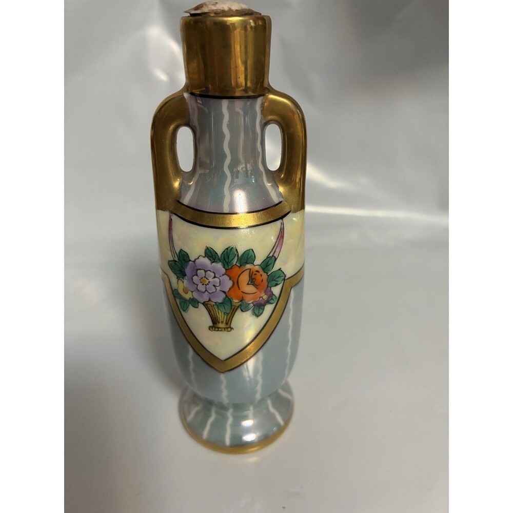 Noritake Antique Perfume bottle 2 Handles Gold Trim Floral Motif Art Deco Luster